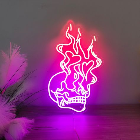 Skull Neon Sign, Neon Wall Lights Bedroom, Light Up Signs Aesthetic, Cool Neon Signs Bedroom, Led Signs Aesthetic, Random Room Decor, Neon Room Signs, Cute Neon Signs, Aesthetic Wall Decor Bedroom