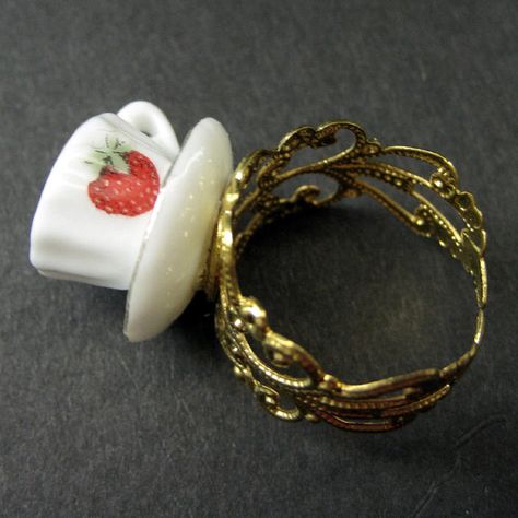 Teacup Ring, Strawberry Jewelry, Strawberry Ring, Tea Jewelry, White Flower Earring, Back To School Sale, Aesthetic Rings, Gold Filigree, Filigree Ring