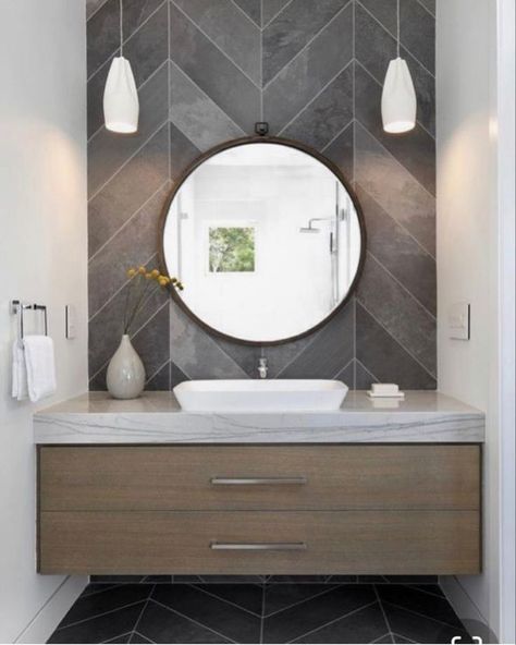 Modern Powder Rooms, Dark Wood Bathroom, Modern Bathroom Interior, Bathroom Vanity Designs, Washbasin Design, Bilik Mandi, Wood Bathroom Vanity, Powder Room Design, Bad Inspiration