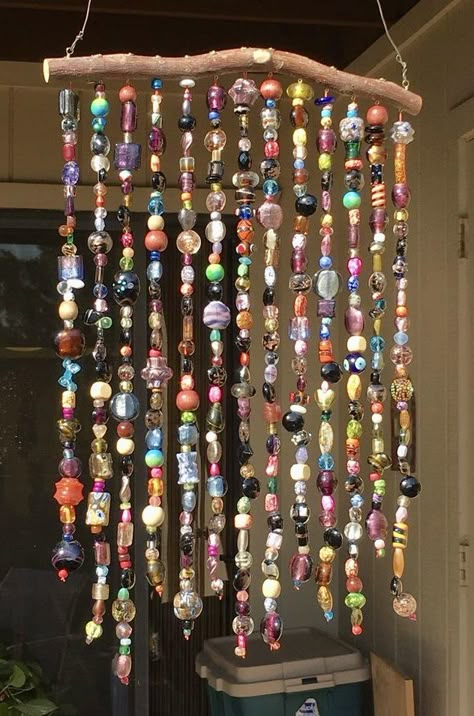 Glass Bead Hanging Decor, How To Make Beaded Curtains, Bead Hanging Decor, Hanging Beads Decor, Beaded Window Hanging, Bead Wall Decor, Beaded Curtains Diy, Window Decor Diy, Bead Wall Hanging