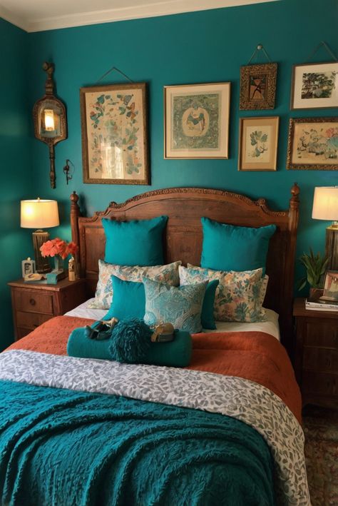 Discover the secret to creating a relaxing bedroom retreat with expert tips on selecting the perfect calming colors. Explore now! #ad     #Colortrend #wallpaint2024  #color2024  #DIYpainting  ##DIYhomedecor  #Fixhome Teal Color Schemes Bedroom, Dark Turquoise Room, Teal Walls Bedroom, Teal Wall Bedroom Ideas, Navy And Rust Bedroom, Teal Wall Bedroom, Dark Turquoise Bedroom, Teal Color Palette Bedroom, Boho Vintage Bedroom