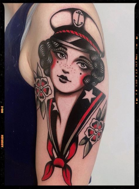 Sailor Woman Tattoo, American Traditional Portrait, Traditional Lady Face Tattoo, Traditional Girl Tattoo, Woman Traditional Tattoo, Traditional Tattoo Face, Traditional Woman Tattoo, American Traditional Woman, Traditional Tattoo Woman Face