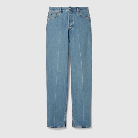 Shop the Denim pant with Gucci label in blue at GUCCI.COM. Enjoy Free Shipping and Complimentary Gift Wrapping. Gucci Ancora, Gucci Label, Long Grey Coat, Gucci Denim, High Neck Sweatshirt, Gucci Spring, Gucci Store, Black Leather Dresses, Pink Patent Leather