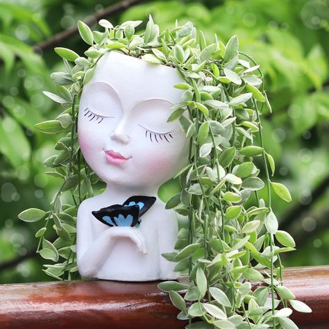 Resin Succulent, Face Plant Pot, Resin Face, Small Succulent Plants, Outdoor Garden Planters, Lady Face, Indoor Flower Pots, Resin Planters, Face Planters