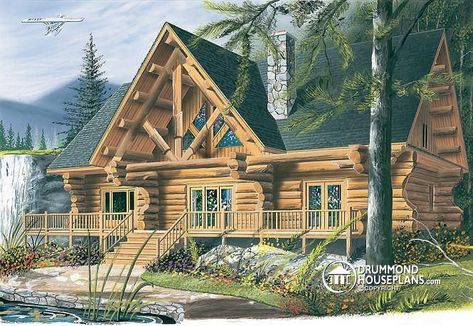 House plan W2913 by drummondhouseplans.com Log Cabin Flooring, Log Cabin House, Log Home Plan, Log Cabin Floor Plans, Log Home Floor Plans, Log Home Plans, Cabin Home, Cabin Floor, Cabin Floor Plans