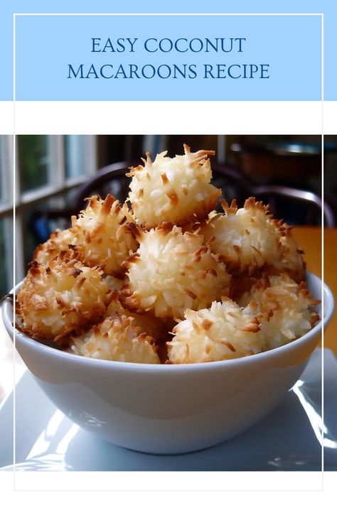 Looking for a delightful treat? Try these easy coconut macaroons! Perfectly sweet and chewy, they're made with toasted coconut and are simple to whip up for any occasion. Whether you're planning a party or just craving something tasty, this recipe is a winner. Bake a batch today and enjoy these scrumptious cookies while impressing your friends and family with your baking skills. Dive into a world of delicious flavors and make snacking fun again with these easy treats Chewy Coconut Macaroons, Coconut Chunks Recipes, Recipes Using Coconut Cream, Macaroons Recipe Easy, Coconut Macaroon Cookies Recipes, Easy Coconut Macaroons, Easy Macaroons Recipe, Coconut Macaroon Cookies, Blondie Dessert