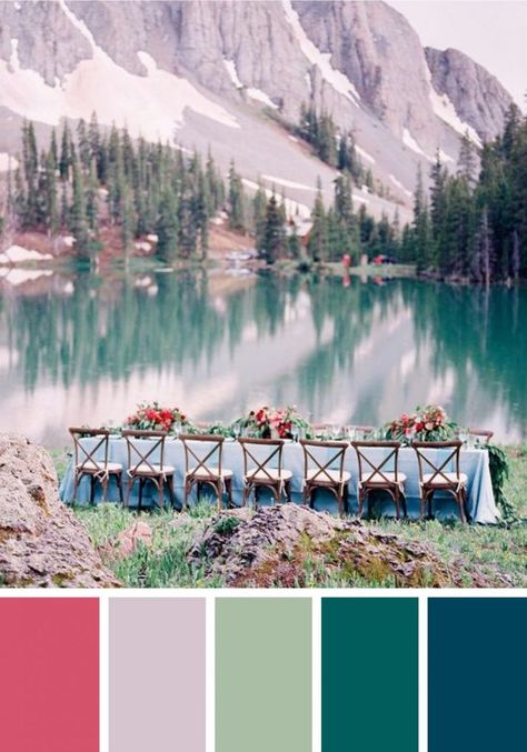 Lakefront Mountain Escape Mountain Summer, Marriage Day, Marriage Invitations, Summer Wedding Colors, Theme Color, Wedding Color Palette, Marriage Ceremony, Wedding Centerpiece, Wedding Color