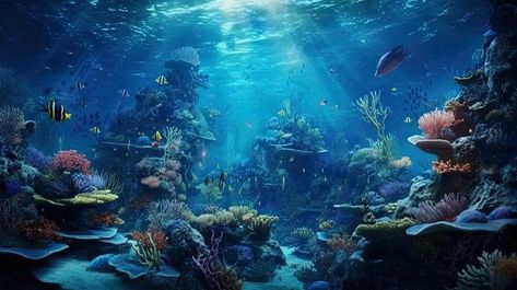 Fish In The Ocean Underwater, Under The Sea Background Aesthetic, Underwater Background Landscape, Deep Ocean Background, Aquarium Wallpaper Laptop, Fishtank Backgrounds, Deep Sea Landscape, Aquarium Backgrounds Wallpapers, Ocean Background Landscape