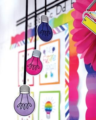 Colorful Light Bulbs Cutouts Bright Rainbow Classroom, Rainbow Theme Classroom, School Wide Themes, Kindergarten Classroom Decor, Classroom Makeover, Teacher Material, Elementary Classroom Decor, Classroom Decor Themes, Light Crafts