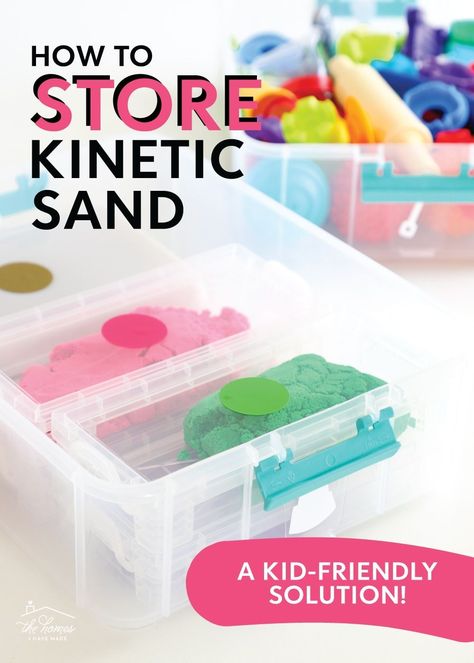 If you're struggling to corral all your kinetic sand and supplies, you're going to love this kid-friendly storage solution! By using a carry-able, layered tote, you'll have places for everything you need but sand and toys will be safe for storage too! Click through to see what we're using and why it's working so well! Storage For Kinetic Sand, Playdoh Storage Organizing, How To Store Playdough, Kinetic Sand Storage Ideas, Storing Playdough, Playdoh Organization Storage, Playdough Storage Ideas, Play Doh Storage Ideas, Magnatiles Storage Ideas