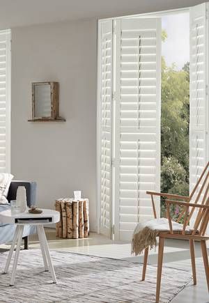 Full Height Shutters. Made to Measure by Luxaflex® - luxaflex.co.uk Door Roller Blinds, Patio Door Shutters, Natural Wood Stains, Patio Door Window Treatments, Patio Door Installation, Blinds For Bifold Doors, Shutters Interior, Patio Door Blinds, Pleated Blinds