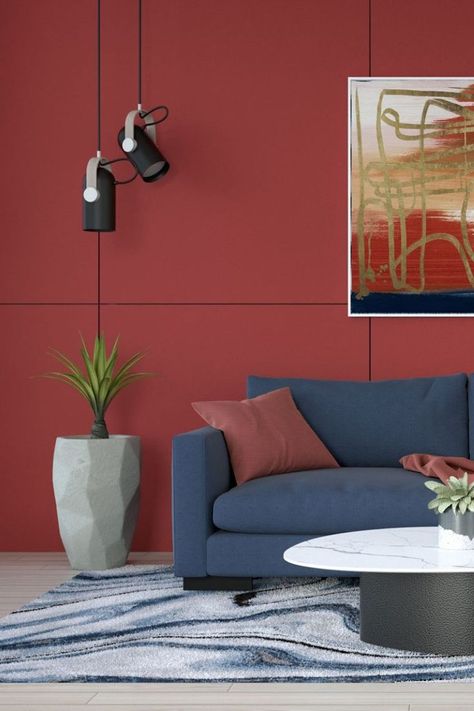 Red Wall Paint Color with Blue Couch Room With Blue Couch, Living Room With Blue Couch, Color Ideas For Living Room, Red Wall Paint, Wall Color Ideas, Wall Paint Color, Blue Couch, Blue Couches, Ideas For Living Room