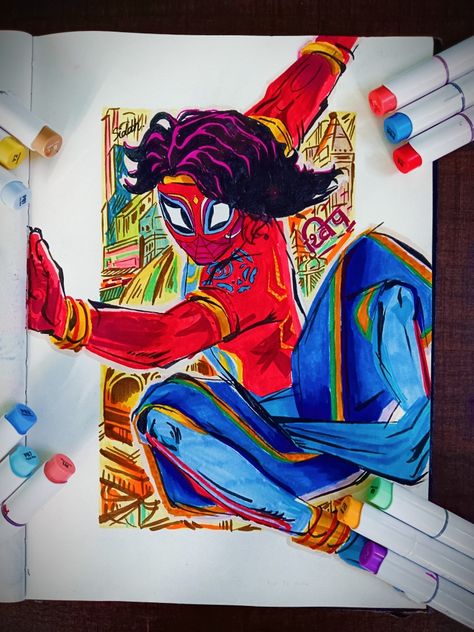 Spider Man India, Spider Verse Art, Pavitr Prabhakar, Comic Art Sketch, Batman Drawing, Spider Man Across The Spider Verse, Spiderman Drawing, Copic Marker Art, Grunge Pictures