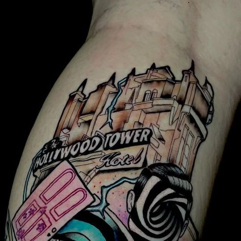 𝔍𝔬𝔰𝔥 𝔐𝔬𝔬𝔫 on Instagram: "Tower of terror Tattoo I did a few weeks ago on my homie  Using @rawpigments @emalla.official @kinggriptattoosupply @neumatattoomachines #neotraditionaltattoo #disneyworld #disneytattoo #twilightzone #towerofterror" Hollywood Studios Tattoo, Tower Of Terror Tattoo, Disneyworld Tattoos, Hollywood Tower, Tower Of Terror, Twilight Zone, Disney Tattoos, Hollywood Studios, I Tattoo