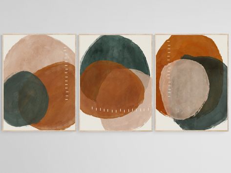 Terracotta And Green, Terracotta Art, Earth Tone Wall Art, Orange Color Palettes, Art Prints Boho, Terracotta Wall, Abstract Shower Curtain, Set Of 3 Wall Art, Bedroom Orange