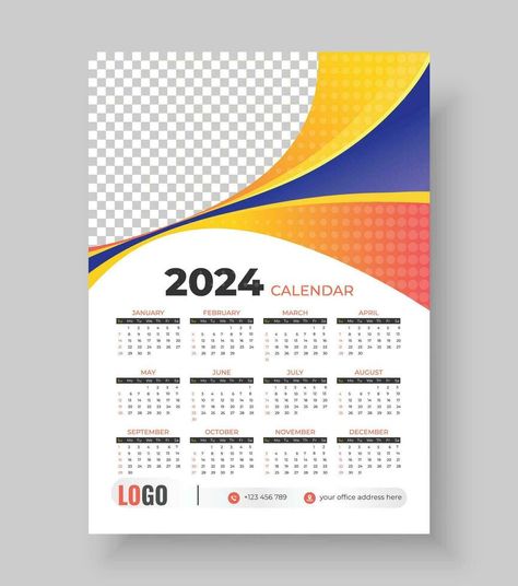 Wall Calendar 2024 Template Design. One Page Calendar. 12 Months Calendar. Week starts on Sunday 2024 Template, One Page Calendar, Months Calendar, Calendar Week, 4k Wallpaper For Mobile, 12 Month Calendar, Weekly Calendar, Calendar 2024, Vector Shapes