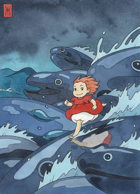 Ponyo Running On Fish, Ponyo Water Scene, Ponyo Running On Water, Ponyo Stills, Ponyo Painting Canvas, Ponyo Drawings Studio Ghibli Art, Ponyo Illustration, Ponyo Running, Ponyo Watercolor