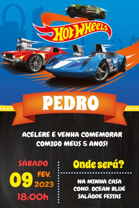 Edite grátis você mesmo usando nosso editor online | Design by Festejar Conviteria | Convite Digital Convite aniversário Hotwheels O convite Convite aniversário Hotwheels perfeito para o seu evento! Personalize o convite do seu jeito com nosso editor online Nosso convite digital Convite aniversário Hotwheels é totalmente personalizável. Você pode alterar o texto, a fonte, as cores e até mesmo adicionar fotos. É fácil de usar e você pode editar o convite perfeito em minutos u Festa Hot Wheels, Hot Wheels Birthday, Baby Shark, 5th Birthday, Birthday Theme, Online Design, Birthday, Design