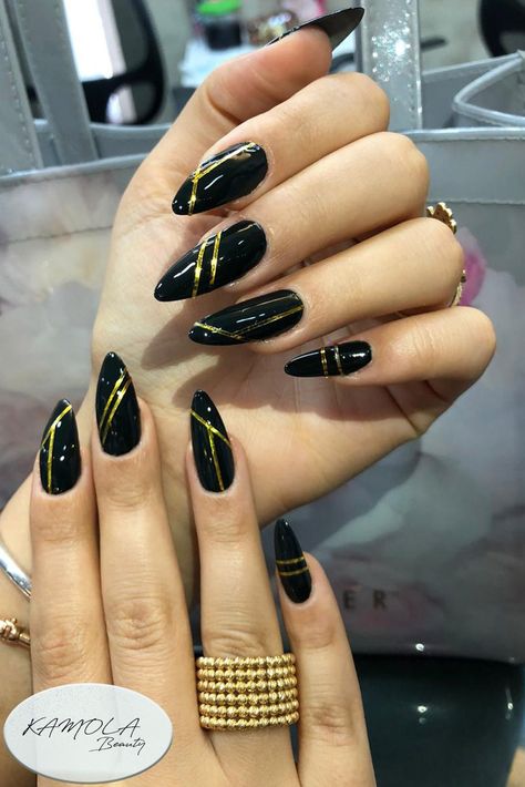 Gel Ext with black Gel Polish with golden strips Black And Golden Nail Art, Black Golden Nails, Black Red And Gold Nails, Black Nails With Gold Design, Black And Gold French Tip Nails, Black And Tan Nails, Black And Golden Nails, Black And Gold Nails Ideas, Black Nails With Gold