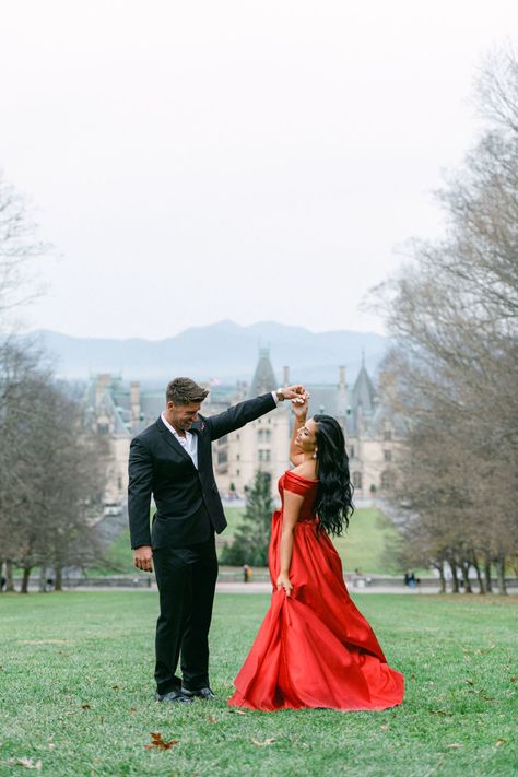 Engagement Photoshoot Biltmore Estate Asheville NC mansion castle red dress Biltmore Estate Photoshoot, Red Dress Engagement Pictures, Biltmore Engagement, Red Dress Engagement, Mansion Castle, Biltmore Estate Asheville Nc, Pre Wedding Photoshoot Outfit, Dress Engagement, Christmas Pics