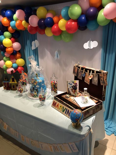 Up Theme Table Decorations, Up Dessert Table Disney, Disney Up Dessert Table, Pixar Up Centerpieces, Up Theme Bridal Shower Disney Up, Up Theme Decorations, Up The Movie Decorations, Up Theme Dessert Table, Up Themed Centerpieces