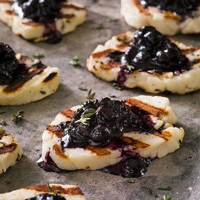 Grilled Halloumi Cheese with Blueberry-Balsamic Jam Recipe | EatingWell Halloumi Cheese Recipes, Balsamic Jam, Berry Jam Recipe, Blueberry Balsamic, Halloumi Cheese, Greek Cheese, Grilled Halloumi, Jam Recipe, Blueberry Recipes