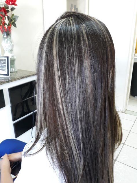 Gray On Black Hair, Dark Chestnut Brown Hair With Highlights, Types Of Highlights For Hair, Frosty Hair, Brown Hair Going Grey, Blended Highlights, Gray Blending, Gray Highlights, Grey Blending