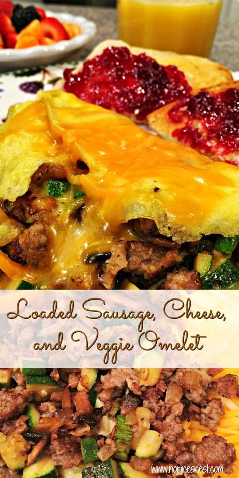 Light and Fluffy Sausage Veggie Omelet filled with flavorful sausage, sauteed onions, sweet peppers, mushrooms, cheese, and zucchini squash! Perfect for Breakfast or Dinner! Loaded Sausage, Omlet Recipes, Pepper Rings, Omelette Recipe Easy, Mushroom Omelette, Veggie Omelet, Spinach Omelet, Sauteed Onions, Breakfast Recipies