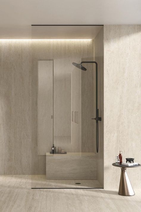 Bathroom Tiles, Bathroom Design, Minoli Tiles, Home Design, Bathroom, Tiles, Luxury Bathroom, Minoli, Inspiration, Bathroom Inspo Travertino Bathroom Design, Travertine Shower, Travertine Bathroom, Vein Cut, Toilet Room Decor, New House Bathroom, Atlas Concorde, Architectural Materials, House Bathrooms