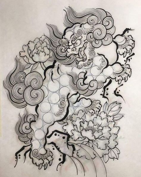 Japanese Foo Dog, Foo Dog Tattoo Design, Traditional Japanese Tattoo Flash, Japanese Tiger Tattoo, Foo Dog Tattoo, Japan Tattoo Design, Fu Dog, Japanese Drawings, Irezumi Tattoos