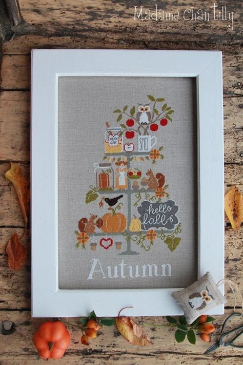 Celebrate Autum, designed by Rossana Gallo, from Madame Chantilly. Autumn Counting, Autumn Cross Stitch, Butterfly Kit, Autumn Cross Stitch Patterns, Fall Cross Stitch, Butterfly Cross Stitch, Winter Cross Stitch, Christmas Cross, Stitching Art