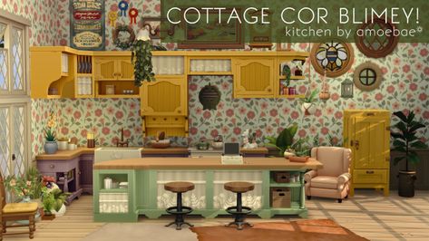 Sims 4 Kitchen Cabinets, Sims Cottage, Sims 4 Cottage Living, Hippie Furniture, Cottage Core Kitchen, Sims 4 Cottage, Sims Inspiration, Sims 4 Kitchen, Disney Challenge