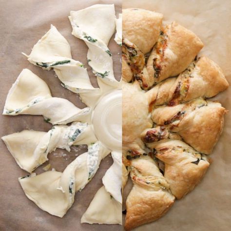 Spinach Artichoke Pull-Apart Bread Recipe by Tasty Pizza Puff Pastry, Pastry Twists, Puff Pastry Twists, Bread Pull Apart Recipes, Braised Brisket, Bon Apetit, Twisted Recipes, Low Carb Vegetarian Recipes, Veggie Food