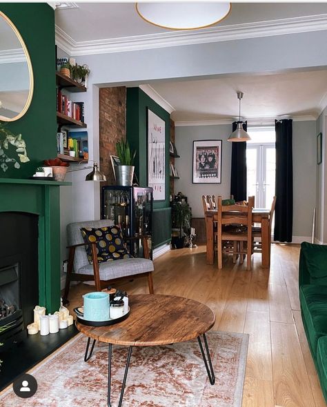 Lounge Diner Ideas, Victorian Terrace Living Room, Living Room Victorian House, Living Room Knock Through, Living Room Looks, Dark Green Living Room, Terrace Living Room, Victorian House Interiors, Open Plan Living And Dining