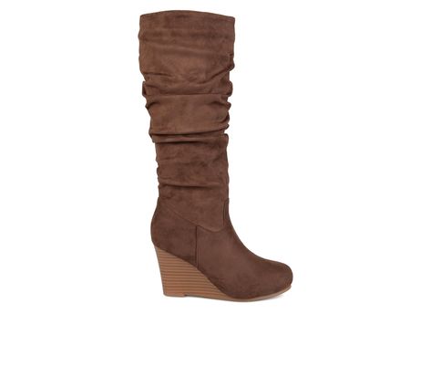 Show off stylish design in slouchy wedge boots by Journee Collection. These mid-calf boots are made with soft faux suede uppers with slouchy detail and an inside zipper. Stacked wedge heels provide attractive lift and round toes finish the style. Faux suede upper, Easy zip-up closure, Approx. 3 inch wedge heel, Round toe, Padded insole for added comfort, Synthetic outsole, Runched material design for added style | Women's Journee Collection Haze Wedge Knee High Boot in Brown Size 11 Womens Boots Knee High, Wide Calf Knee High Boots, Vegan Leather Boots, Wedge Heel Boots, Womens Riding Boots, Lace Tattoo, Slouched Boots, Comfortable Boots, Wide Calf