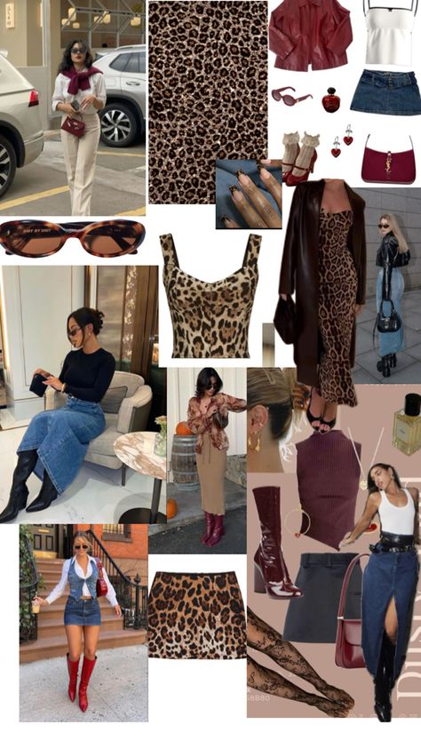 A collage of clothing pieces and jewellery items that match well with leopard print. Good matches are denim, black, burgundy or red clothing items and accessories. Leopard Denim Outfit, Leopard Print Outfits, Outfit Classy, Fall 24, Brunch Outfit, Denim Outfit, Morning Coffee, Fashion Inspo Outfits, Leopard Print