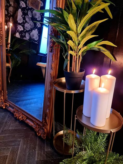 Moody Boutique Interior, Dark Tattoo Shop Aesthetic, Moody Esthetics Room, Dark Facial Room, Dark Beauty Salon Aesthetic, Gothic Salon Suite, Eclectic Esthetician Room, Witchy Salon Aesthetic, Sultry Decor