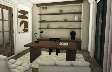 Aesthetic Office Bloxburg, Bloxburg Study Room Ideas Modern, Small Office Bloxburg, Modern Office Design Bloxburg, Blox Burg Office Ideas, Desk Area Bloxburg, Bloxburg Home Office Ideas, Office Ideas In Bloxburg, Bloxburg School Office Ideas