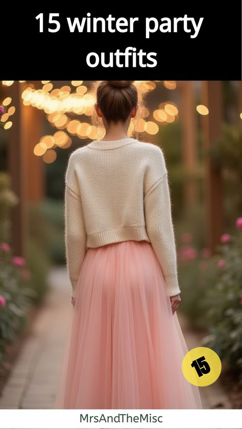 winter party outfits Holiday Party Outfit Tulle Skirt, Tulle Skirt With Sweater, Winter Tea Party Outfit Classy, Style Tulle Skirt Outfit, What To Wear To A Tea Party In Winter, Tulle Skirt Winter Outfit, Overlay Skirt Outfit, Outfits To Wear To The Nutcracker Ballet, How To Style A Tulle Skirt