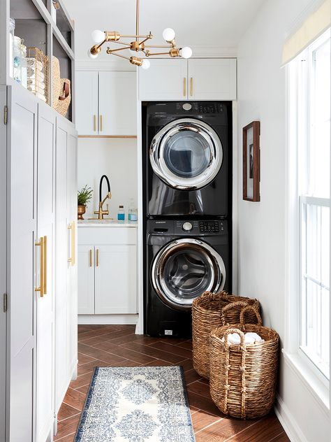 Laundry Room Stackable, Upholstered Window Seat, Mudroom Laundry Room Ideas, Laundry Room/mudroom, Laundry Room Storage Shelves, Light Gray Cabinets, Small Laundry Room Organization, Stackable Washer And Dryer, Mudroom Laundry Room