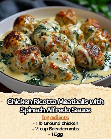 Healthy Slow Cooker Recipes!> | 🍽 Chicken Ricotta Meatballs with Spinach Alfredo Sauce | Facebook Chicken Spinach Meatballs, Chicken Ricotta Meatballs, Spinach Alfredo Sauce, Meatballs With Spinach, Chicken Ricotta, Alfredo Sauce Easy, Crockpot Chicken Spaghetti, Spinach Meatballs, Creamy Crockpot Chicken