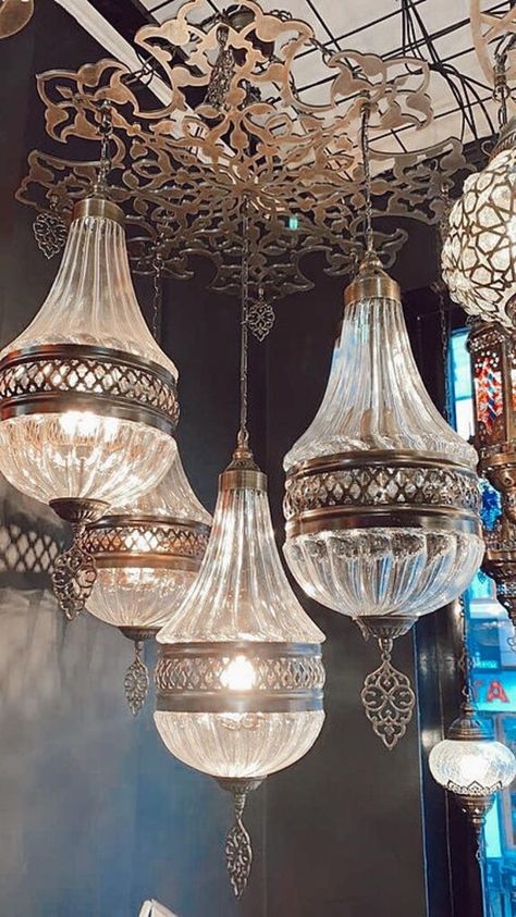 "- Amazing Artwork - Ottoman/ Turkish Style - Handcrafted - Has 5 Glass Lamps - Height: 120 cm (47.2\") , Diameter: 60 cm (23.6\") Each lamp's diameter is 15 cm (5.9\") E12 (US - Canada) E14 (EU - UK) The lamps are shipped inside custom made wooden boxes which can be used to store the chandelier safely if needed. Can be used worldwide. We wire the chandelier for the country that will be shipped to. Ready to ship in 7 business days. Each chandelier is shipped inside handmade secure wooden boxes. Persian Lamp, Royal Chandelier, Chandelier Handmade, Cool Chandeliers, Ottoman Lamps, Wire Chandelier, Unusual Lighting, Moroccan Chandelier, Decor Ceiling