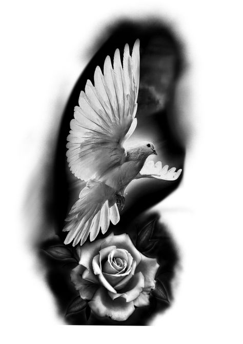 Rose And Dove Tattoo Design, Rose Dove Tattoo, Dove And Rose Tattoo, Pigeon Tattoo, Dove Tattoo Design, Realistic Rose Tattoo, Dove Tattoos, Rose Drawing Tattoo, Rose Hand Tattoo