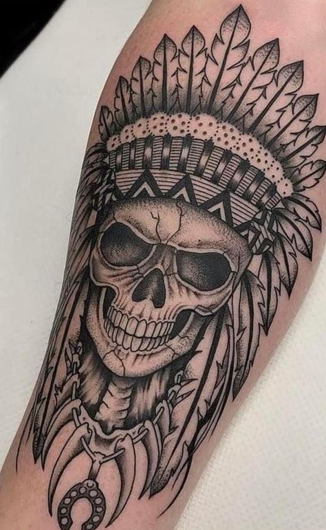 Indian Headdress Tattoo, Outer Bicep Tattoos, Guide Tattoo, Men Guide, Indian Skull Tattoos, Skull Tattoo Designs, Indian Tattoo Design, Headdress Tattoo, Skull Girl Tattoo