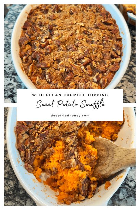 Put a twist on an old favorite with my Sweet Potato Souffle recipe. Pecans, brown sugar and butter blend together for a delicious dish. Sweet Potato Suffle, Potato Souffle, Canned Yams, Souffle Recipe, Pecan Crumble, Autumn Salad Recipes, Sweet Potato Souffle, Souffle Recipes, Honey Baked Ham