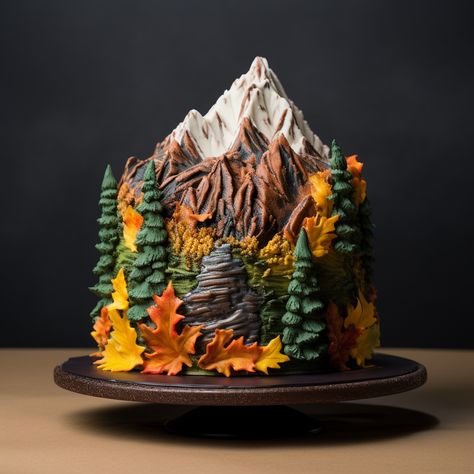 Mountain Shaped Cake, Cakes With Animals, Forest Cake Ideas, Camping Cake Ideas, Western Desserts, Camping Cake, Nature Cake, Mountain Cake, Horse Birthday Cake