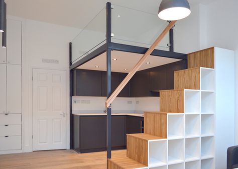 Mezzanine Bedroom Ideas, Studio Apartment Storage, Loft Bed Storage, Mezzanine Design, Loft Beds For Small Rooms, Scandinavian Loft, Beds Storage, Mezzanine Bed, Mezzanine Bedroom