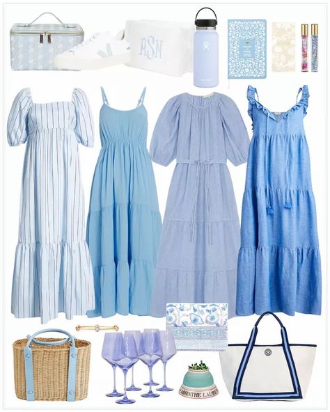 Blue maxi dresses and accessories perfect for the hot weather ahead. Monochrome Blue Outfit, Blue Summer Dress Outfit, Blue Maxi Dresses, Holiday Outfits Beach, Sundress Outfit, Summer Blues, Blue Sundress, Vacay Vibes, Long Blue Dress