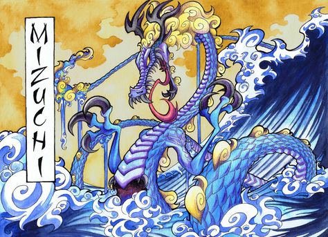 Mizuchi Of The Great Waves by HallowGazer on DeviantArt Mizuchi Dragon, George Kamitani, Japanese Style Dragon, River God, Draw A Dragon, God Goddess, Water Spirit, Au Ideas, Japanese Folklore