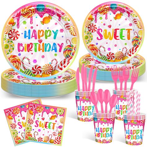 PRICES MAY VARY. Candy birthday plates and napkins set includes: 24 candy birthday paper plates in 9 ’’, 24 candyland birthday dessert plates in 7 ’’, 24 napkin in 6.5 ’’, 24 cups and straws, 24 plastic blue knives, forks and spoons for each set that serve 24 guests Nice Material: Our candy birthday party set are made of premium quality paper and non-toxic; The pattern is well-printed, fade-resistant; The paper plates are covered with a waterproof film; Please do NOT heat the plates in the micro Candyland Party Decorations, Dessert Theme, Birthday Plates, Candy Theme Birthday Party, Birthday Paper Plates, Birthday Party Packs, Candy Birthday Party, Birthday Party Set, Candyland Birthday